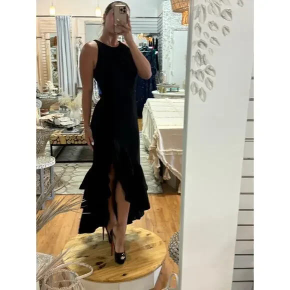 Betsy & Adam Arielle Scuba Crepe Ruffle Slit Asymmetrical Maxi Gown Black Size 8 - Picture 9 of 12